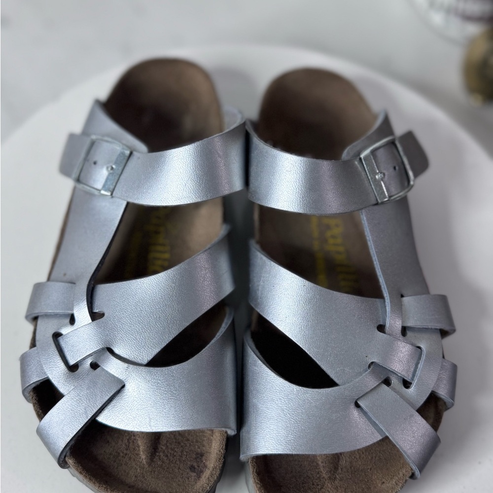 Papillio (Birkenstock) Silver Sandals Adjustable Straps and Cork Footbed sz 36